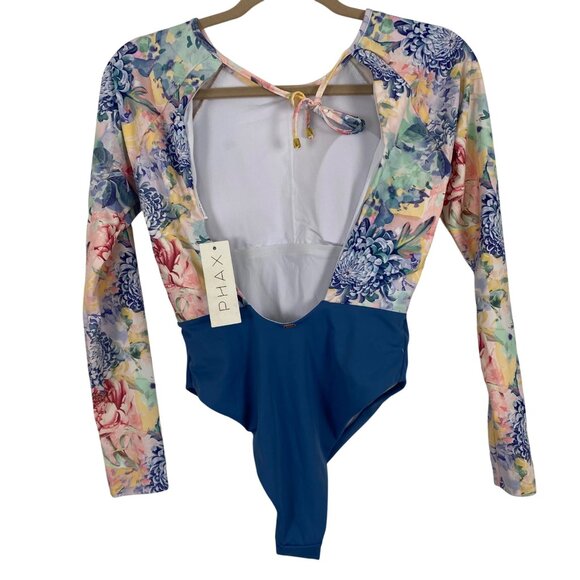 New PHAX Claridad Long Sleeve Blue Floral Color Block Paddle Swim Suit Women Sm - Picture 3 of 10